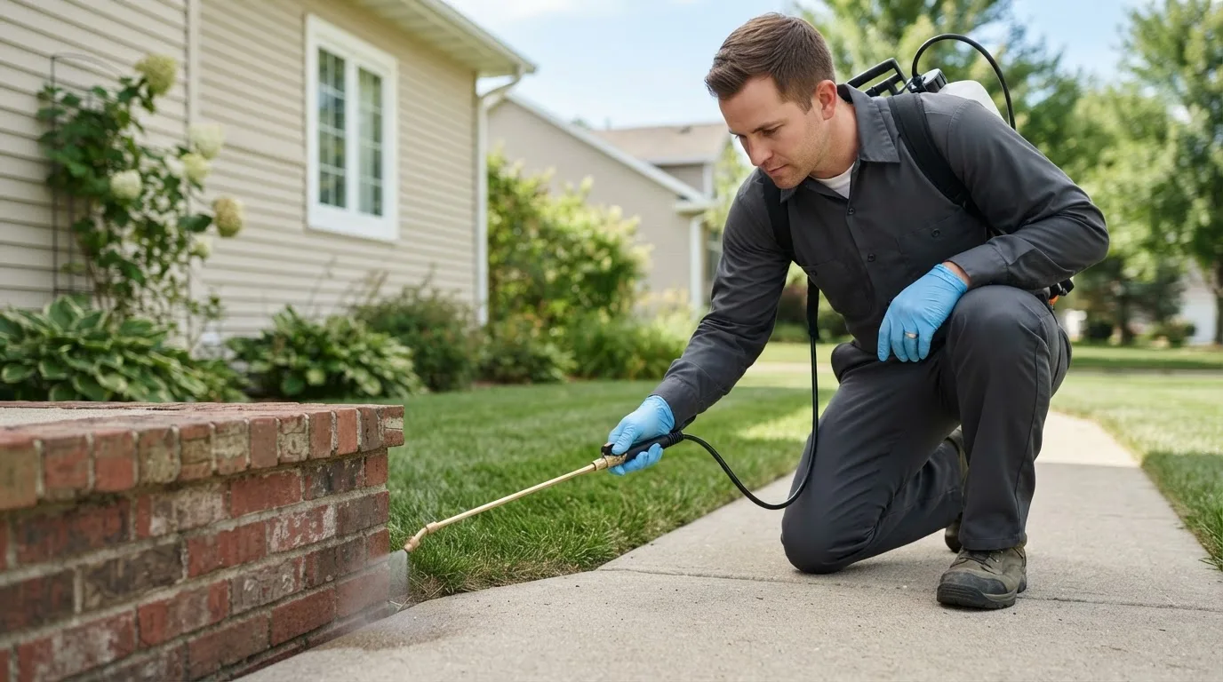 Pest control technician treating a home near Hingham, MA